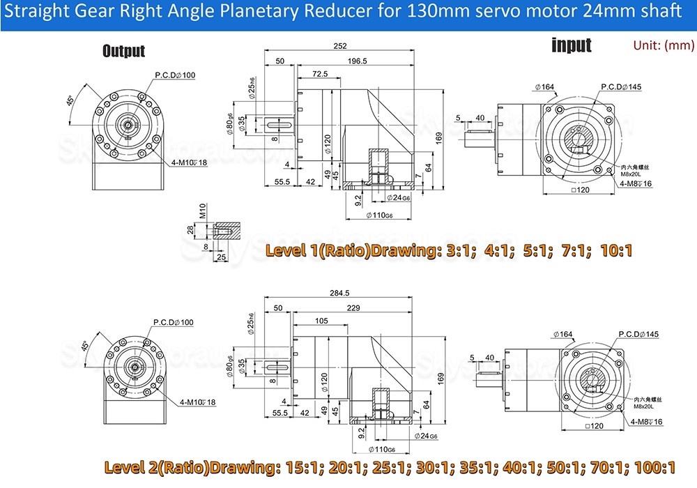 PVE120 Series Right Angle Servo Planetary Gearbox 3:1 - 100:1 Fit 110mm/130mm Servo Motor 19/22/24mm Input